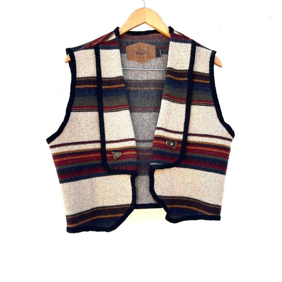 Vintage Woolrich 90s Southwestern Cropped Wool Vest USA Large Blanket Striped - Picture 2 of 7